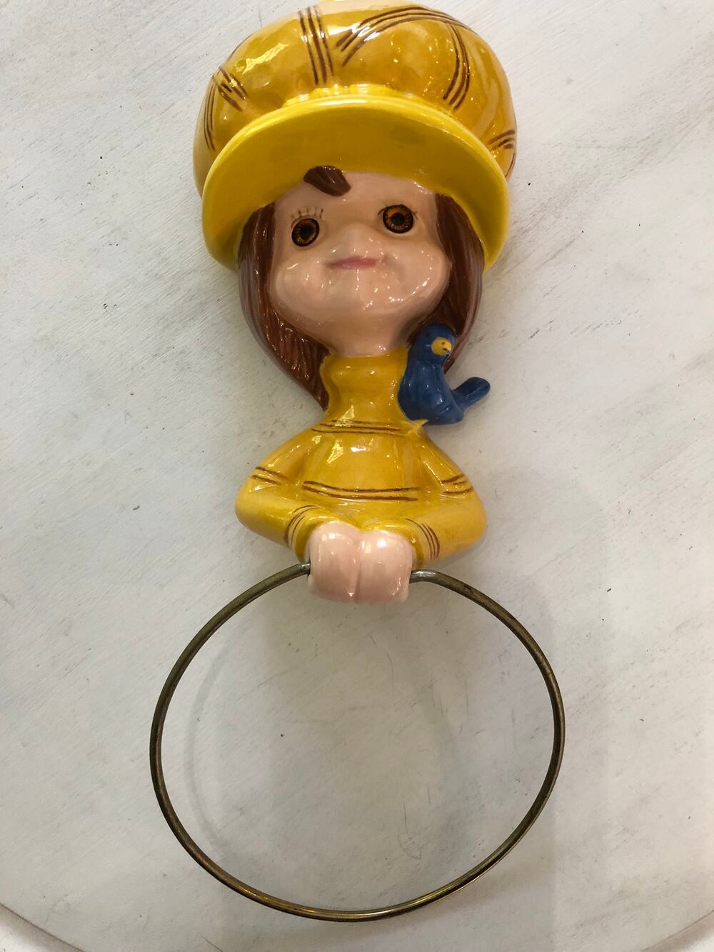 Vintage 1960s 1970s Ceramic Bonnet Gril Blue Bird Towel Holder